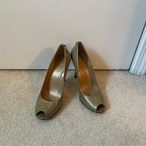 Stuart Weitzman Gorgeous Pearlized Tan Patent-Leather Peep-Toe Pumps